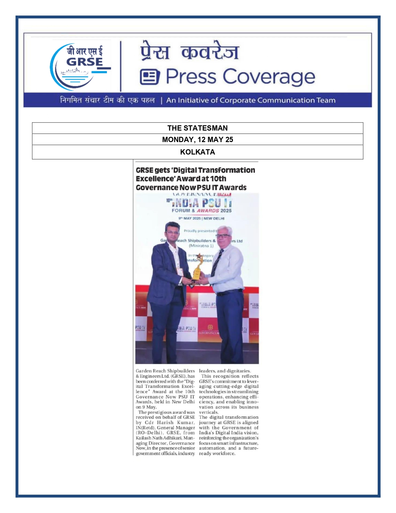 Press Coverage : GRSE gets Digital Transformation Excellence Award at 10th Governance Now PSU IT Awards 